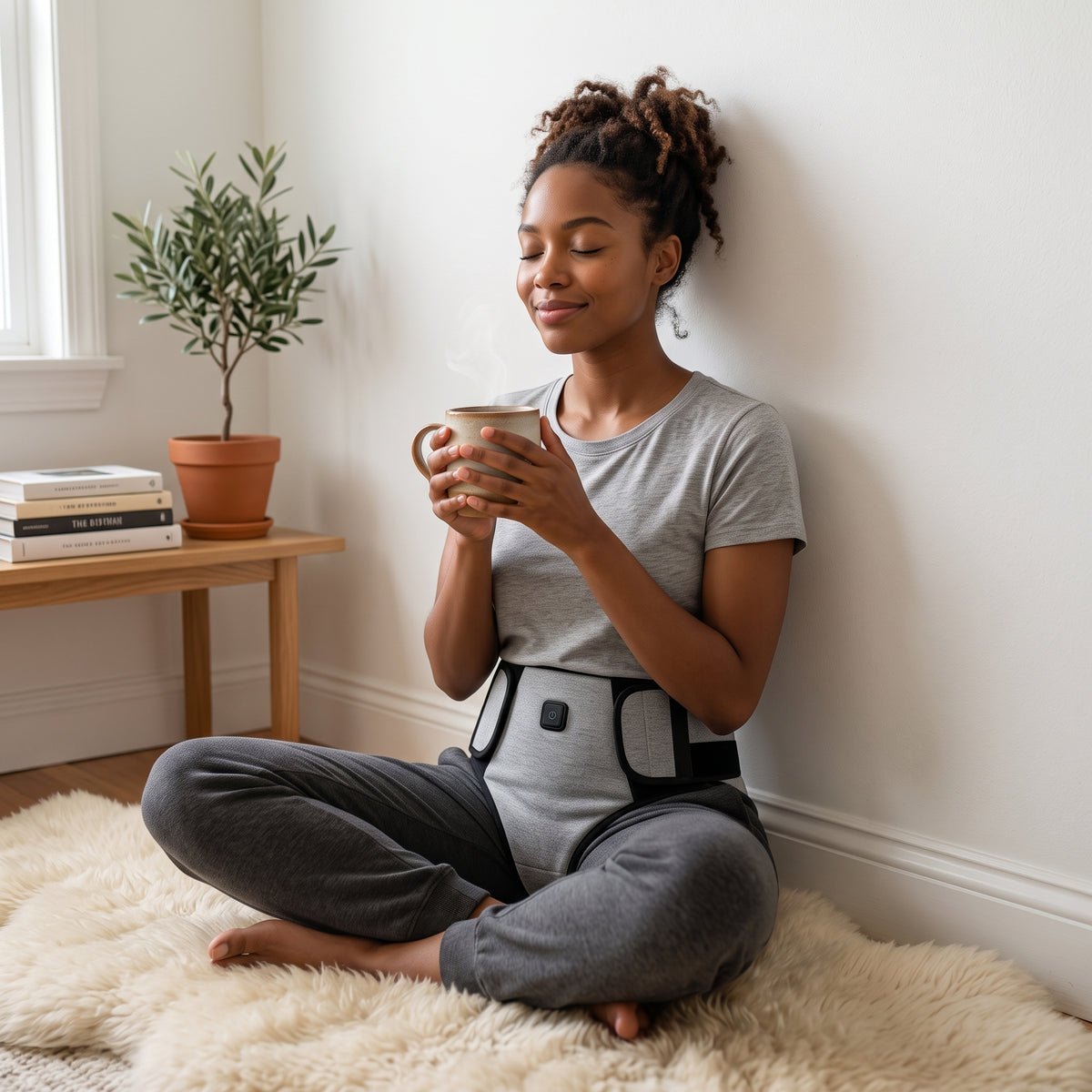 Femme avec Lunaarelief tenant un mug — soulagement menstruel